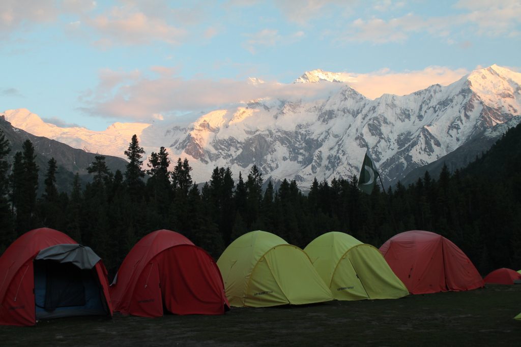 View of Nanga Parbat from our campsite at sunset in Fairy Meadows